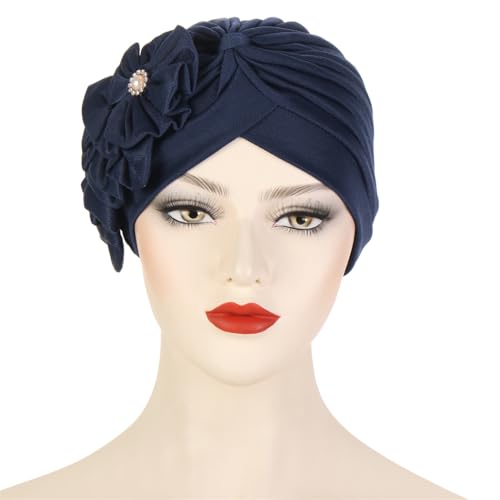 Flower Turban Hats for Women - Ruffle Bead Stretch Solid Caps Chemo Cancer Pre Tied Headscarf Headwear - color: Navy