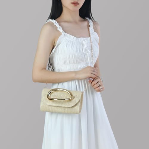 Straw Clutch Purses for Women,Summer Beach Bag,Woven Evening Handbags with Chain,Trendy Metal Handle Purses 2026 - color: Khaki