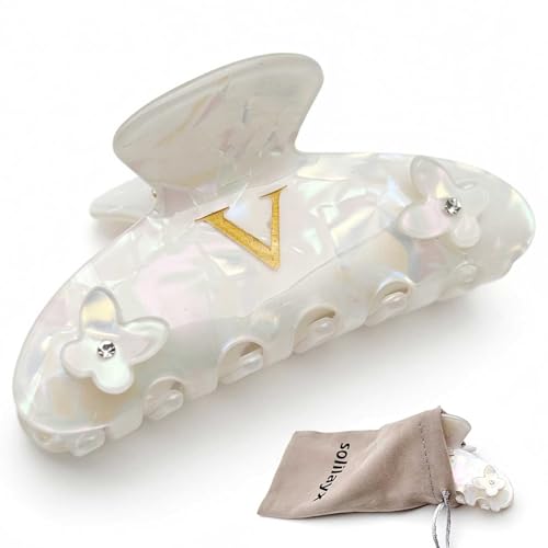 Iridescent Pearl Hair Claw Clip with Butterfly & Initial Charm, Fashionable Acrylic Hair Accessories for Women - color: V
