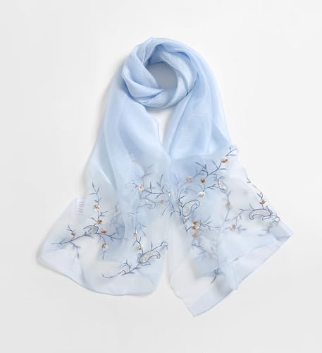 Jeelow Silk Blend Floral Fashion Scarf Shawl Wrap Lightweight Sheer For Women Floral Embroidery Wedding Party Prom - color: Bluebell Dream
