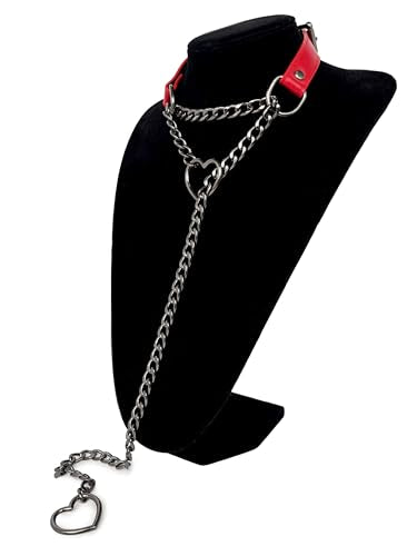 Black Leather Choker Collar For Women, Handmade Heart Slip Chain Choker Long Necklace with Adjustable Buckle - color: B-Red-Black-Black, size: 24''chain