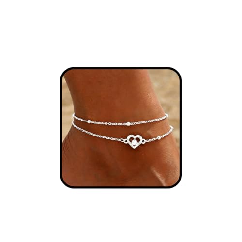 925 Sterling Silver Ankle Bracelets for Women 14K Gold Plated Layered Anklet Sets Dainty Heart Anklets Chain Waterproof Beach Foot Jewelry Gifts - style: Heart-Silver1