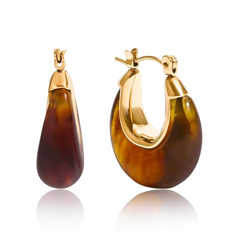 Fullpop Vintage Earrings for Women, Chunky 14K Gold Plated Resin Hoop Earrings Lightweight Hollow Drop Earrings Hypoallergenic Earrings for Women Vintage Anthropologie Jewelry Gifts for Women - size: U Shape-Brown