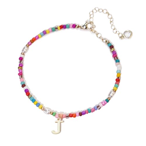 Ankle Bracelets for Women - Cute Pearl Beads Anklets for Women Waterproof Gold, Initial Colorful Boho Beaded Non Tarnish Foot Chain Anklet | Summer Colorful Jewelry Gift - style: J