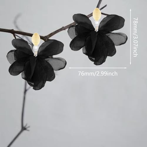 Handmade Fabric Flower Petal Fringe Dangle Drop Earrings Bohemian Floral Tassel Stud Earrings For Women - color: Black
