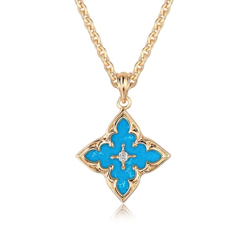 Fettero Gold Clover Necklace for Women Dainty 14K Gold Plated CZ Pendant Necklace Adjustable Chain Choker Charm Colorful Clover Pendant Lucky Necklaces for Women Jewelry - color: Blue-Turquoise