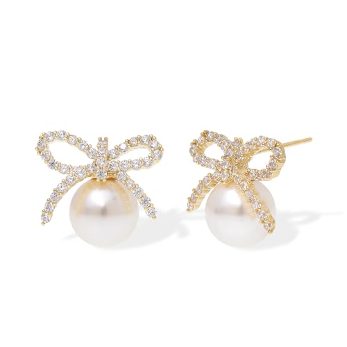 Pearl Earrings for Women, Trendy Dainty Cubic Zirconia Piercing Hypoallergenic CZ Earring Prom Holiday Fashion Jewelry Gift. - color: Gold Pearl