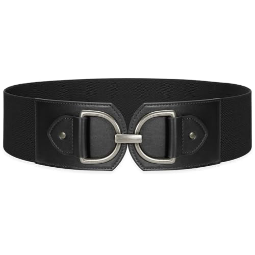 Wide Belts for Women Fashion Elastic Belt for Dresses Vintage Waist Belt Ladies Stretchy Belt Gold Buckle - color: Black(silver), size: Fit Waist Size 40"-43"