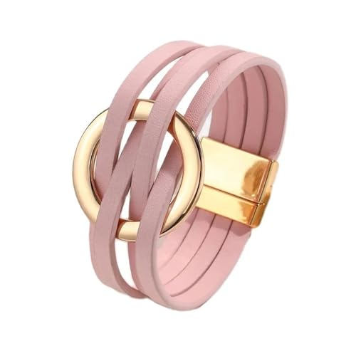 xuzhiyuan Simple Boho Circle Charm Leather Wrap Bracelet Handmade Layered Cuff Bracelets Bohemian Multi Bangle Bracelets Holiday Jewelry Gift for Women - color: Pink