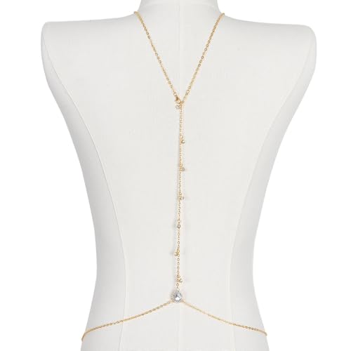 Sexy Crystal Back Chain Necklace for Women Rhinestone Simple Body Chain Gold Silver Backdrop Chain Body Jewelry Wedding Bridal Party Prom - color: Gold