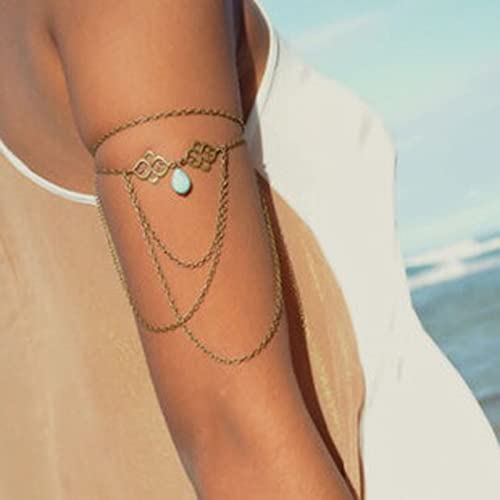 Multilayer Turquoise Arm Chain Boho Upper Arm Bracelet Vintage Hollow Flower Armlet Gold Drop Tassel Armband Summer Beach Arm Bracelet Jewelry for Women