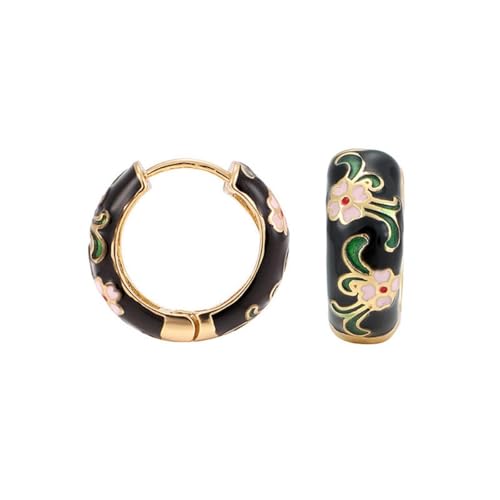 Vintage Enamel Flower Small Hoop Earrings Retro Elegant Flowers Earrings Colorful Flower Hoop Earring - color: Black
