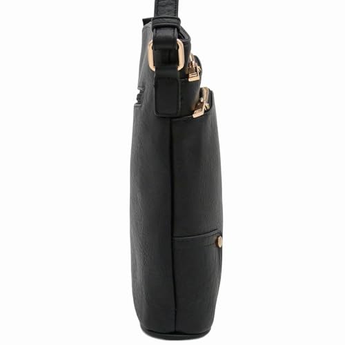 ALYSSA Triple Zip Pocket Large Crossbody Bag - color: Black