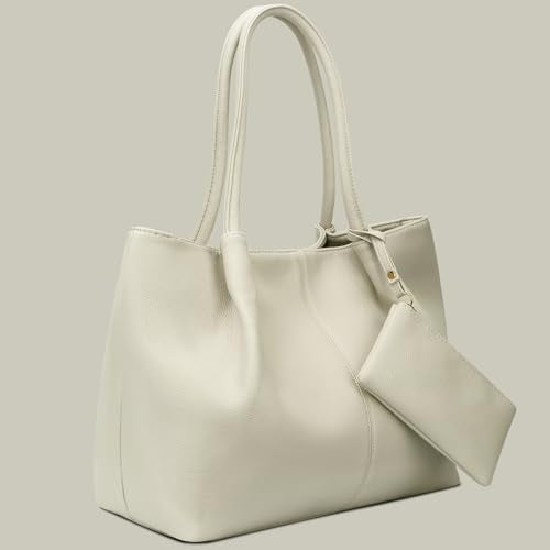 KKXIU Tote Bag for Women Vegan Leather Shoulder Purse Large Capacity Travel Bag - color: Cream White
