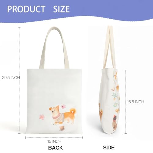 1-PACK Reusable Grocery Shopping Bag, Cute Dog Pattern Canvas Tote Bag with Magnetic Snap Closure and Zipper Inner Pocket - color: A2-dog and Book 1 Pack