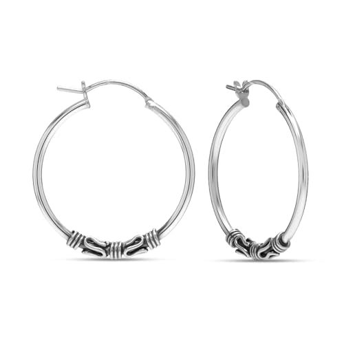 Charmsy 925 Sterling Silver Oxidized Balinese Hoop Earrings for Women | Lightweight Click Top Antique Oxidized Balinese Hoops Earring | Sise 30-60mm - color: Balinese Hoop-25MM/0.98"