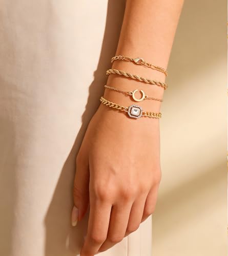 Alegend Titanium Steel (Not Rust, Resist Corruption, Easily Clean) 18K Gold Plated Single Bracelets + 14K Gold Plated Stackable Multilayer Bracelets - style: 14K Gold Plated Four-Layered
