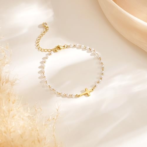NECOCY Mothers Day Gifts Cross Bracelet for Women, Dainty 14K Gold/Silver Plated Pearl Cross Chain Bracelet Religious Christian Baptism Jesus Catholic Bracelet Jewelry Gift for Mom Wife Daughter - style: Style-6