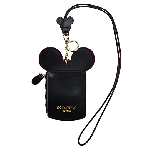 BUUFAN Chic Black Cute Travel PU Leather Student ID Card Holder Lanyard Neck Pouch Bag With Coin Wallet Purse for Students Women Kids Teens Girls - color: BLACK