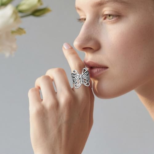 Butterfly Wrap Rings,Butterfly Ring for Women, Adjustable Open Carved Texture Butterfly Ring,Vintage Metal Insects Knuckle Finger Rings,Cute Animal Ring,Statement Jewelry Gifts for Women - color: Silver