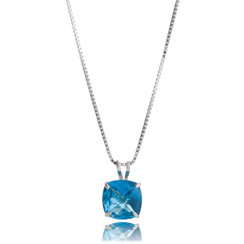 MAX + STONE Cushion Cut Gemstone Necklace | 8mm Solitaire Birthstone Necklace for Women | Gemstone Pendant Necklaces with 18 inch Box Chain - color: London Blue Topaz