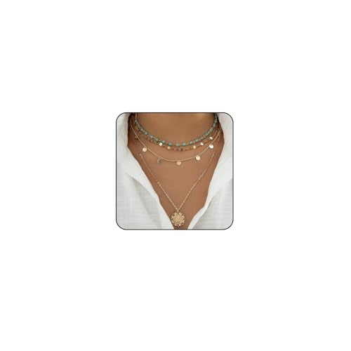 Layered Boho Necklaces for Women Gold Coin Pendant Necklaces Stackable Turquoise Choker Necklace for Women Western Jewelry - style: Style-1