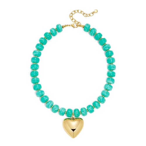 WOWORAMA Chunky Heart Necklaces for Women Colorful Resin Beaded Choker Necklace Gold Puffy Heart Statement Necklace Trendy Acrylic Choker Jewelry - color: Blue