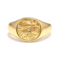 925 Sterling Silver Chunky Signet Rings for Men Women Coin Ring Mens Pinky Ring Engraved Sun Tree Jewelry Size 6-13 - color: Gold