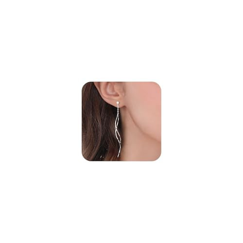 NECOCY Gold Dangle Earrings for Women Non Tarnish 14K Gold Plated Drop Wedding Hypallergenic Earring Dainty Long Hanging Chain CZ Pearl Threader Earrings Trendy Silver Plated Jewelry for Women - style: Silver&Style5