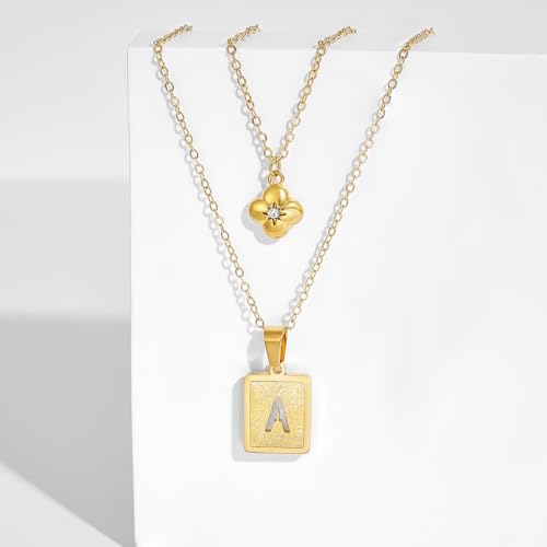KELORIS PATH Layered Initial Necklaces for Women, 18K Gold Plated Stainless Steel Necklaces Set with Dainty Four Leaf Clover Square Cutout Letter Pendant, Fashion Jewelry for Gifts - style: A Letter