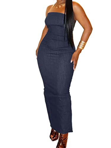 Flamingals Sexy Off Shoulder Sleeveless Maxi Dress for Women Zip Back Split Hem Party Long Dress - color: Dark Blue, size: Large