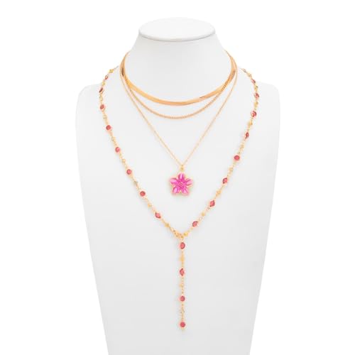 Gold Flower Y Chain Necklace for Women Layered Flower Pendant Choker Long Rhinestone Chain Necklace Party Prom Jewelry - color: Pink