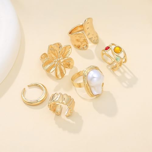 Chunky Gold Rings for Women Non Tarnish Statement Flower Ring Baroque Pearl Stackable Rings Set 6Pcs Chunky Jewelry - color: Gold