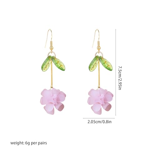 Resin Flower Cluster Ball Dangle Drop Earrings for Women Spring Summer Bohemian Floral Petal with Green Leaf Earrings Vacation Party Jewelry - color: Pink
