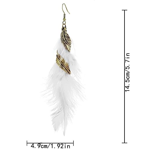 Bohemian Handmade Natural Long Feather Dangle Earrings for Women Multicolor Tassel Feathers Dangle Drop Earrings Vintage Bohemian Earrings Boho Feather Earrings - color: White