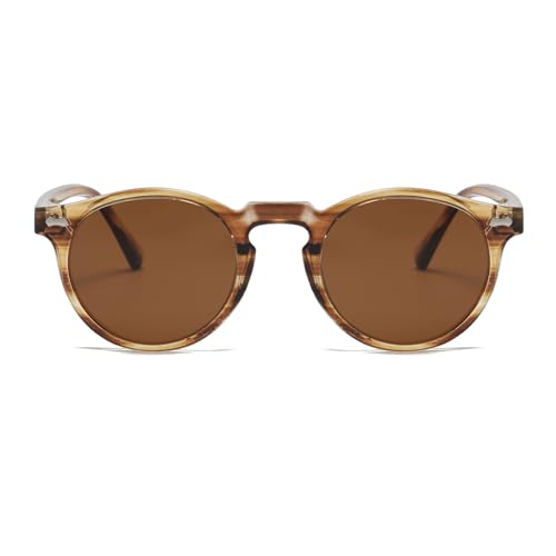 LJCZKA Round Polarized Sunglasses for Men Women Retro Small Face Sunglasses Polarized Vintage Sun Glasses UV400 Protection - color: Brown Stripe Brown