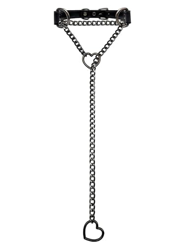 Black Leather Choker Collar For Women, Handmade Heart Slip Chain Choker Long Necklace with Adjustable Buckle - color: B-Black-Black-Black, size: 24''chain
