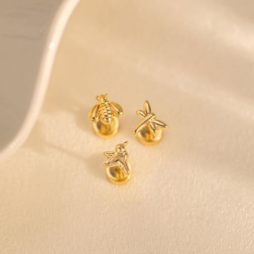VRIUA 20G Tiny Flat Back Earrings for Women - 14K Gold/Silver Plated Small Flat Back Stud Earrings Hypoallergenic Cartilage Helix Piercing Jewelry - color: 5/6/6mm-Hummingbird Bee Dragonfly Flat Gold
