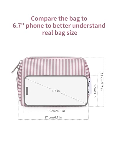 Narwey Small Striped Makeup Bag for Purse Mini Cosmetic Bag Travel Makeup Pouch Zipper Pouch Cute Make up Bags with Compartments for Women Girls (Dusty Rose Stripe, Small) - color: A-Dusty Rose Stripe, style: Small