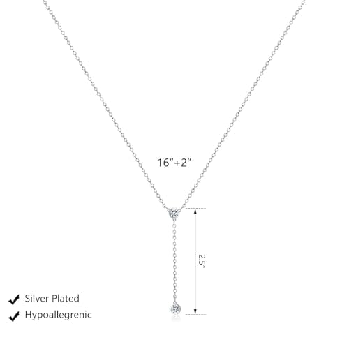 Luxval Lariat Silver Necklace for Women, Dainty Long Necklace Silver Y-Shaped Pendant Necklaces Trendy Beaded Chain Drop Necklaces Jewelry for Women Gifts - color: Silver-CZ Y Necklace