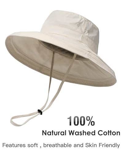 Sun Hats for Women Gardening Hat Wide Brim Ponytail Beach Sun Protection Breathable Cotton Summer Hat with Fold-Up Brim - color: Beige