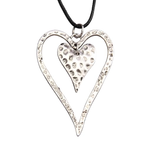 PU Leather Necklace Vintage Boho Style Multilayer Pendant Long Sweater Necklace Jewelry for Women Men with Adjustable Leather Cord - color: Antique Silver Double Heart Necklace