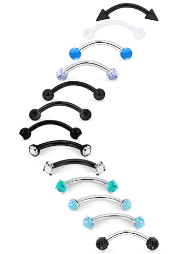 16g 8/10mm Silver/Black/Rose-Gold/Rainbow Eyebrow Piercing Jewelry Rings Curved Barbell Vertical Labret Lip Surgical Steel Small Belly Button Snake Eyes Tongue Rook Earrings for Women Men - color: Black / Blue, size: 16g*8mm*3mm