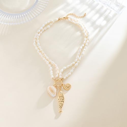 Fish Necklace for Women Chunky Beach Seashell Fish Pendant Necklace Summer Boho Fish Charm Layered Necklace Fashion Trendy Toggle Necklaces Jewelry Gifts