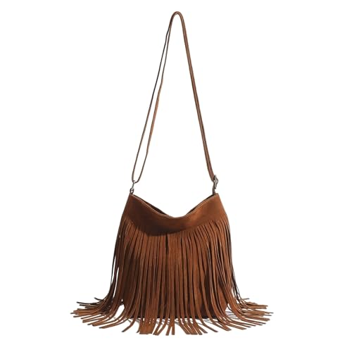 Western Fringe Crossbody Bag for Women Boho Adjustable Shoulder Purse, Vintage Suede Small Handbag for Music Festival & Party - color: Brown