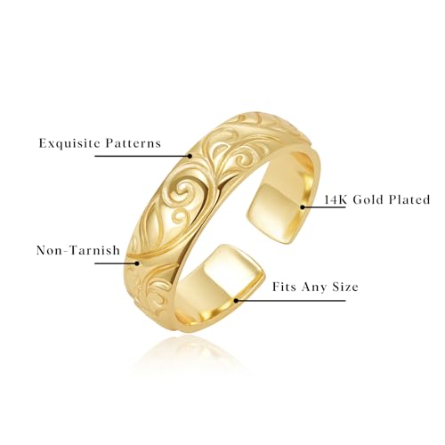 KissYan Adjustable Open Ring for Women, 14K Gold Plated Vintage Statement Leaf Pattern Band Ring with CZ, Dainty Trendy Jewelry Gift - style: Style2