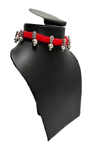 athizay Boho Charm Thread Choker Necklace – Braided Bohemian Choker with Oxidized Silver Dangle Charms | Handmade Boho Jewelry for Women - color: Red, Silver