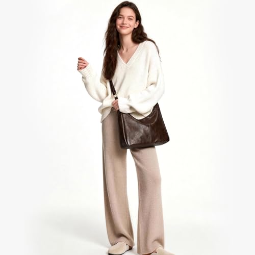 Brown Shoulder Bag for Women,Brown Leather Purse Slouchy Hobo Bags Everyday Purse Daily Commuting Bag with Zipper - color: Coffee