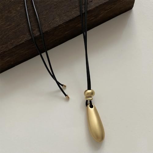 Long Gold Pendant Necklaces for Women Trendy Chunky Silver Big Pendant Statement Goth Black Leather Cord Rope Large Bean Necklace Boho Dangle Jewelry - color: Gold