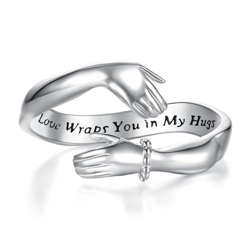 Vito 925 Sterling Silver Adjustable Open Spoon Ring for Women Men, Lotus Sunflower Snake Spoon Band Rings Feather Hug Witches Knot Inspirational Jewelry Gift for Wife - style: hug ring-silver